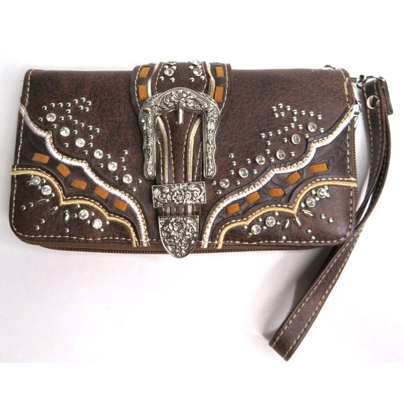 New Classic Western Rhinestone Brown Faux Leather Women's Wallet Wristlet - Picture 1 of 6
